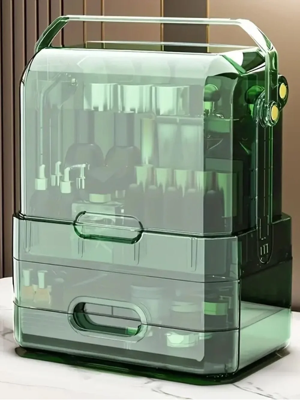 Portable Large Cosmetic Organizer/Storage Box w/ Drawers and Handle, Green